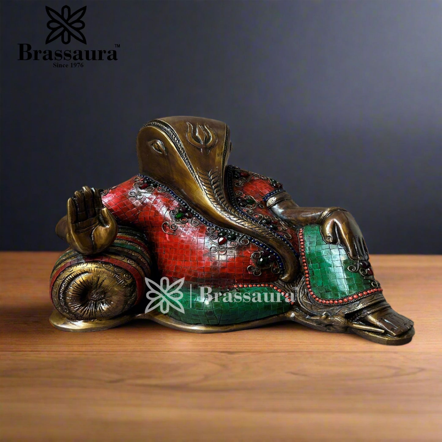 Brass Gem Stone Work Relaxing Ganesha Statue For Home Decor And Gift Items Weight 12.7 Kg And Height 11 Inches
