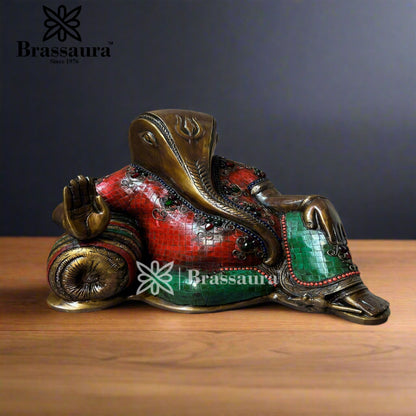 Brass Gem Stone Work Relaxing Ganesha Statue For Home Decor And Gift Items Weight 12.7 Kg And Height 11 Inches