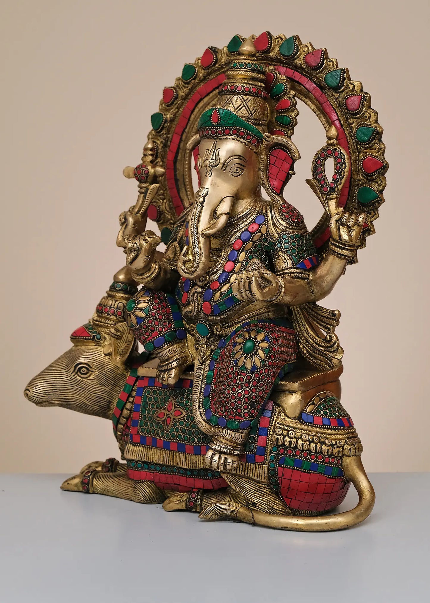 Brassaura™ Lord Ganesha Seated on Mushak | Pure Brass with Meenakari Inlay Work | Height 16 Inches & Weight 14.48 Kgs