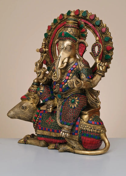 Brassaura™ Lord Ganesha Seated on Mushak | Pure Brass with Meenakari Inlay Work | Height 16 Inches & Weight 14.48 Kgs