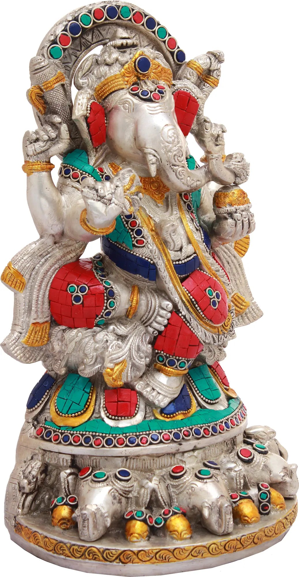 Brassaura™ Lord Ganesha with Intricate Inlay Work | Pure Brass with Handcrafted Stone Detailing | Height 11 Inches & Weight 13.45 kgs