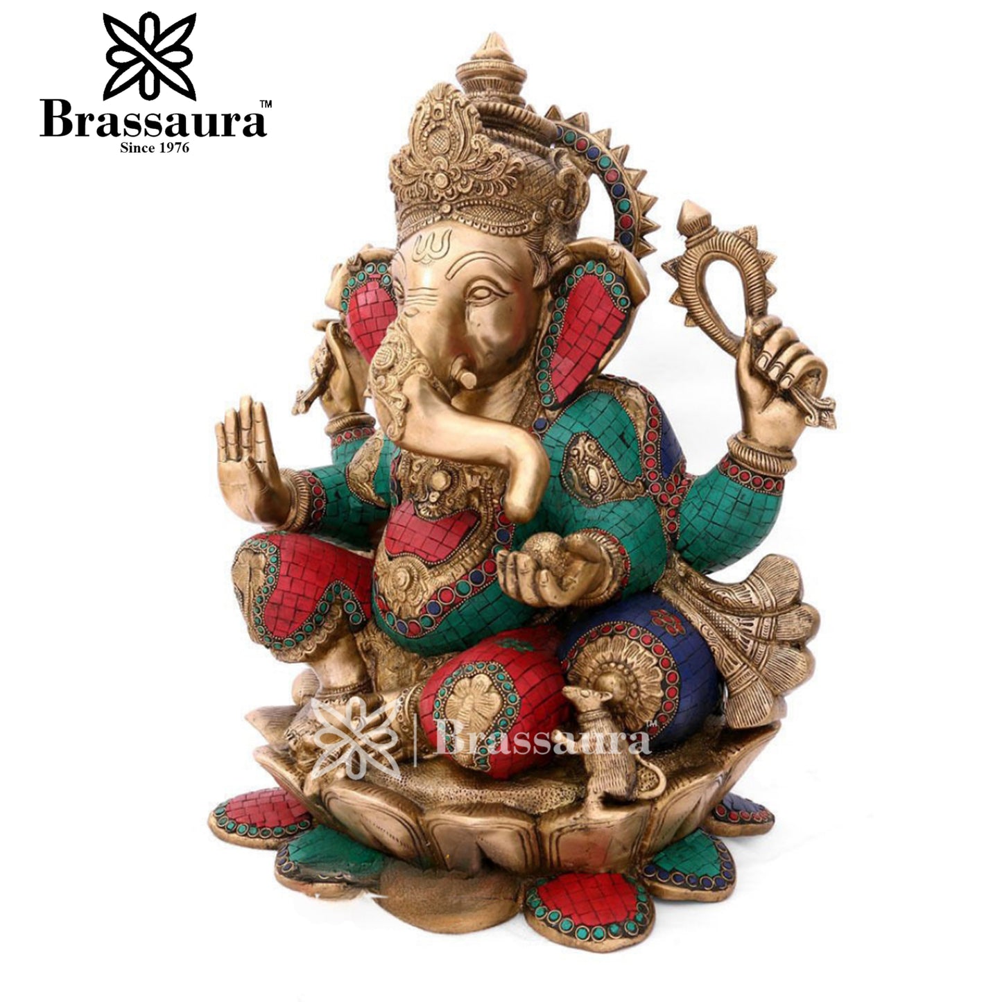Brass Gem Stone Work Lotus Ganesha Statue For Home Decor And Gift Item Weight 29 Kg And Height 21 Inch