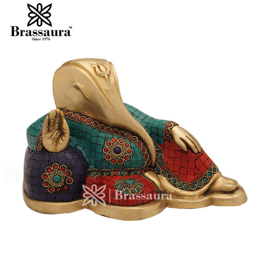Brass Gem Stone Work Relaxing Ganesh Statue For Home Decor Weight 3.6 Kg And Height 6 Inch