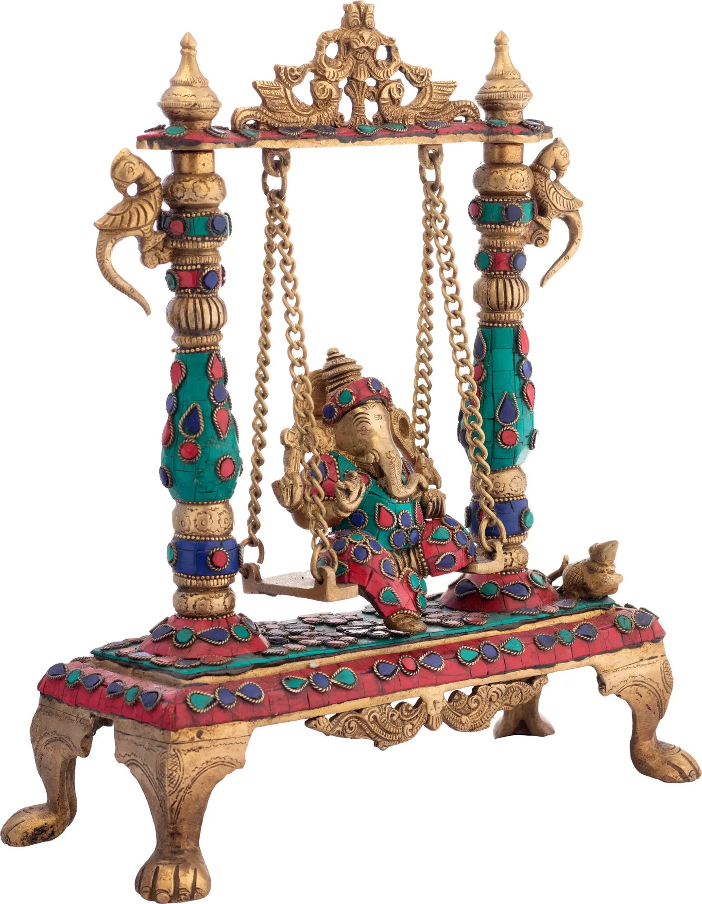 Brassaura® Lord Ganesha on Ornate Swing | Brass with Intricate Inlay Stonework | Height 13 Inches & Weight 4.50 kgs