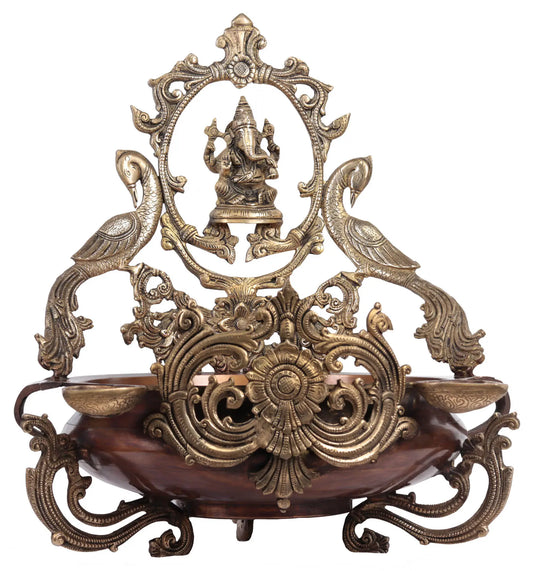 Brassaura™ Brass Ganesha Urli with Peacock Lamps | Height 19.5 Inches & Weight 12.27 kgs