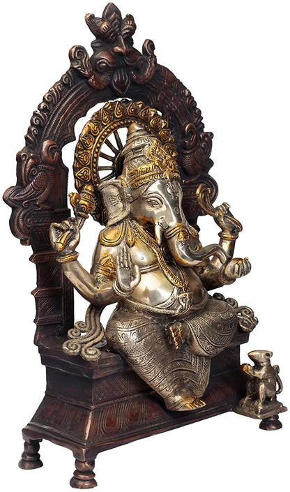 Brassaura™ Majestic Throne Seated Lord Ganesha | Brass Handcrafted Idol | Height 19 Inches & Weight 14.94 kgs
