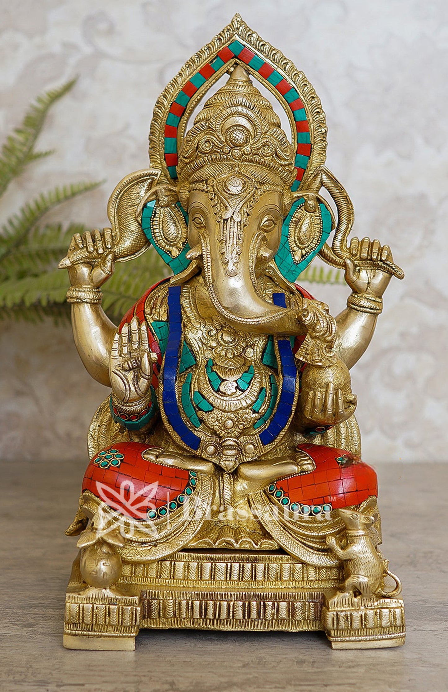 Brassaura™ Brass Gem Stone Work Jewellery Ganesha Idol for Home and Decor | Weight 16.7 Kgs | Height 18 Inches