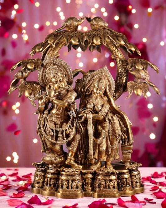 Brassaura™ Majestic Brass Radha Krishna Sculpture – Height 30 Inches & Weight 52.5 Kgs | Vintage Temple-Style Devotional Statue