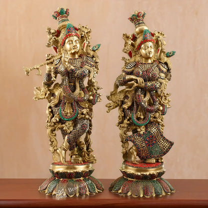 Brassaura™ Handcrafted Radha Krishna Brass Idols – 26 Inch Height, 40 Kg | South Indian Style with Lotus Base