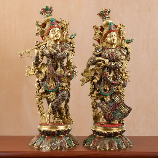 Brassaura™ Handcrafted Radha Krishna Brass Idols – 26 Inch Height, 40 Kg | South Indian Style with Lotus Base