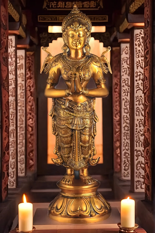 Brassaura™ Brass Welcome Namaste Lady Statue – Height 30.5 Inches & Weight 14.5 Kgs | Elegant Entrance & Home Décor