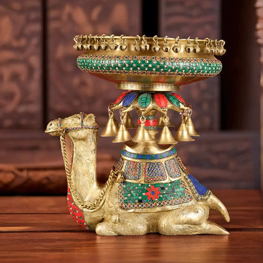 Brassaura™ Pure Brass Urli on Camel’s Back with Exquisite Meenakari Stonework – 14.8 kgs, 16 Inches Height – Traditional Decorative Urli