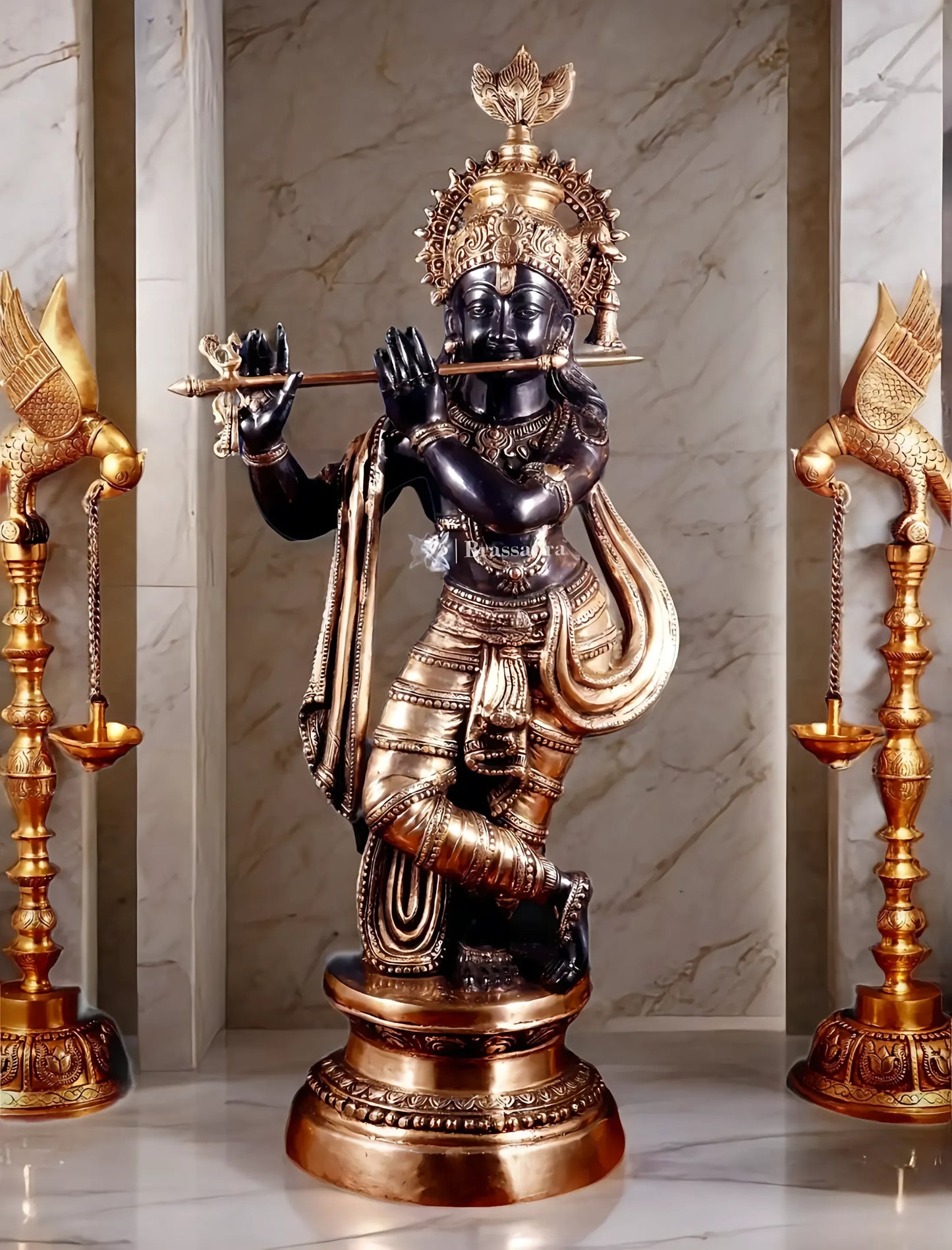 Brassaura™ Large Lord Krishna Brass Statue – Height 36" | Weight 22 Kgs | Black & Golden Finish