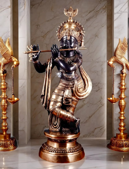 Brassaura™ Large Lord Krishna Brass Statue – Height 36" | Weight 22 Kgs | Black & Golden Finish