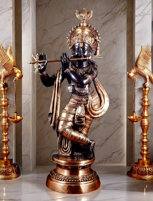 Brassaura™ Large Lord Krishna Brass Statue – Height 36" | Weight 22 Kgs | Black & Golden Finish