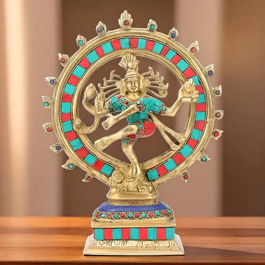 Brassaura™ Gemstone Work Dancing Nataraj Idol | Brass with Golden Finish | Height 11.5 Inches & Weight 2.9 kgs