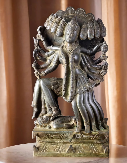 Brassaura™ Mahakali Brass Idol – 10 Heads | 10kg | 15" Height – Handcrafted | Vintage Finish