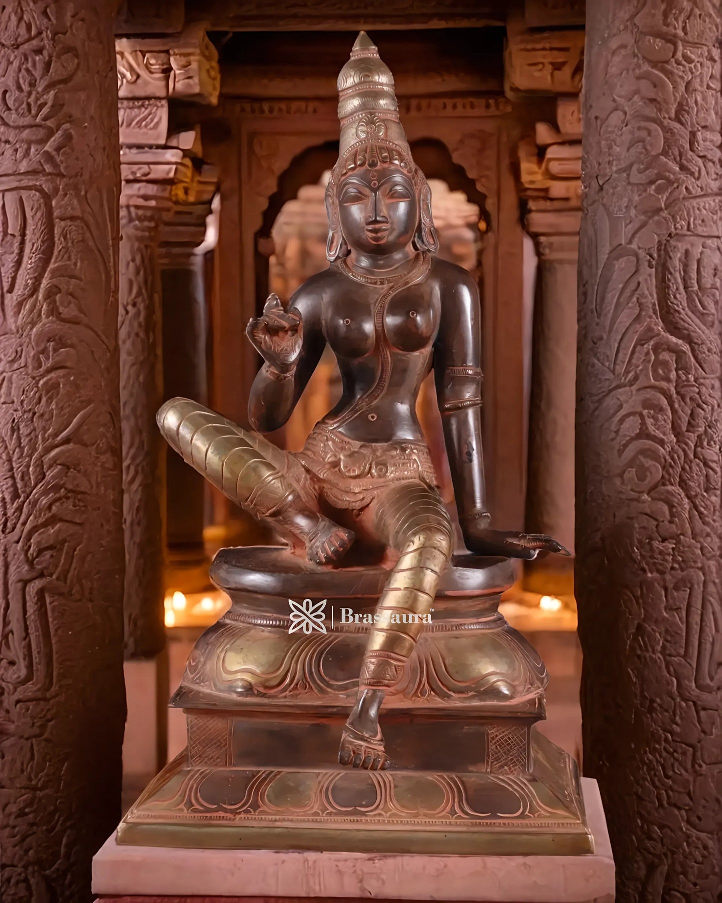 Brassaura™ Pure Brass Seated Parvati Idol – 12 Inch Height, 4.06 Kg Weight – Black & Red Patina Finish Statue