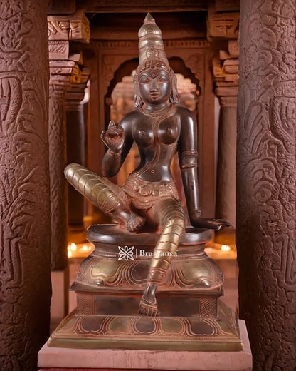 Brassaura™ Pure Brass Seated Parvati Idol – 12 Inch Height, 4.06 Kg Weight – Black & Red Patina Finish Statue