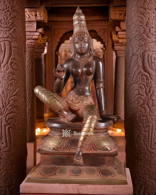 Brassaura™ Pure Brass Seated Parvati Idol – 12 Inch Height, 4.06 Kg Weight – Black & Red Patina Finish Statue