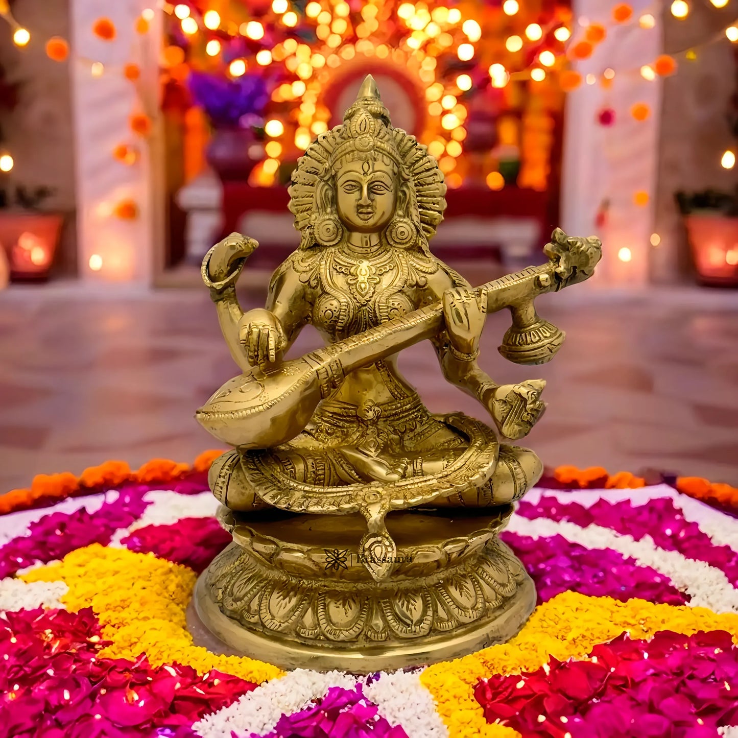 Brassaura™ Brass Saraswati Idol – Height 10.8 Inches & Weight 4 Kgs | Traditional Hindu Murti