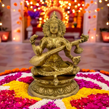 Brassaura™ Brass Saraswati Idol – Height 10.8 Inches & Weight 4 Kgs | Traditional Hindu Murti