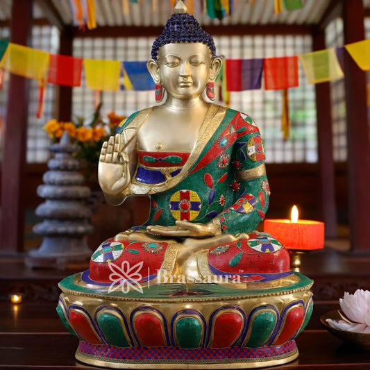 Brass Gem Stone Work Standing Buddha Weight 94.2 Kg Height 45.5 Inch