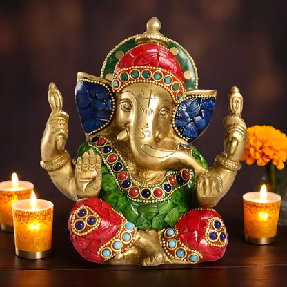 Brassaura™ Handcrafted Brass Lord Ganesha Idol with Meenakari Stonework | Height 6 Inches & Weight 1.8 Kgs