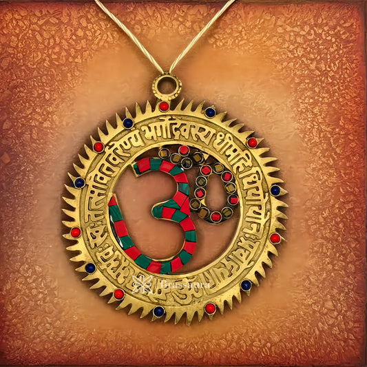 Brassaura™ Brass Gemstone Work Om Wall Hanging Idol – Height 6 Inches & Weight 0.3 Kgs | Spiritual Home Décor