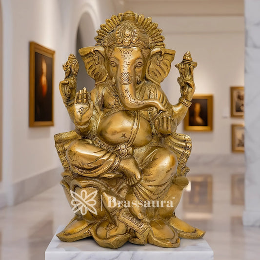 Brassaura™ Brass Lotus Ganesha Idol for Home and Decor | Weight 3.9 Kgs | Height 10 Inches