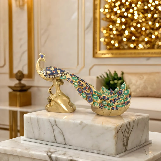 Brassaura™ Superfine Brass Peacock Showpiece with Stonework – Height 7 Inches & Weight 3 Kgs