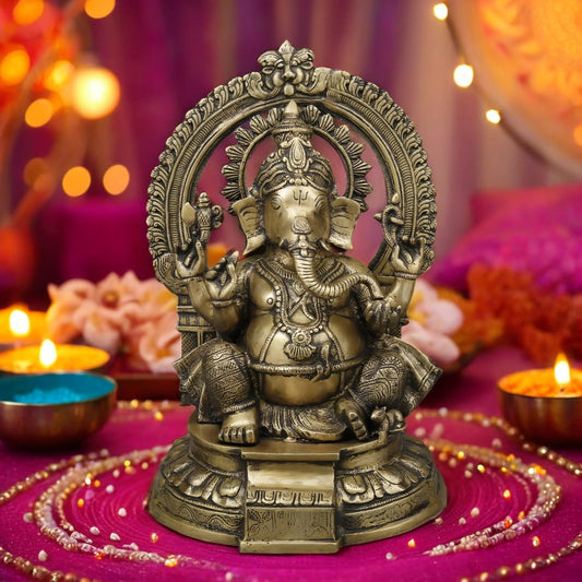 Brassaura™ Brass Ganesh Seated on Pedestal – Fine Golden Finish – Height 18.5 Inches, Weight 14.96 Kgs