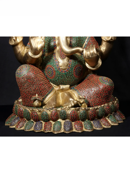 Brassaura™ Seated Lord Ganesha on Ornate Throne | Pure Brass with Meenakari Stonework | Height 23 Inches & Weight 31.86 Kgs