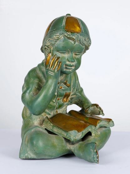 Brassaura® Reading Boy Brass Statue with Antique Patina | Pure Brass | Height 12 Inches & Weight 8.65 kgs