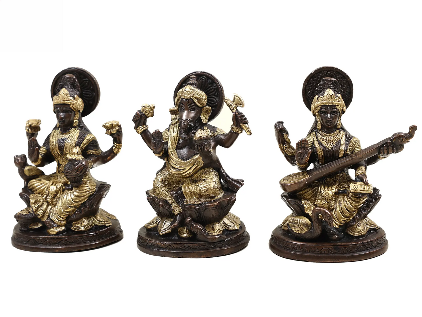 ब्रासुर™ पीतल गणेश लक्ष्मी सरस्वती (जीएलएस) सेट | बारीक विवरण के साथ शुद्ध पीतल | ऊंचाई 6 इंच और वजन 2.49 किलोग्राम