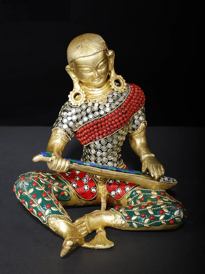 Brassaura® Brass Musical Monk Figurine Set with Inlay Work | Pure Brass | Height 8.5 Inches & Weight 18.65 kgs
