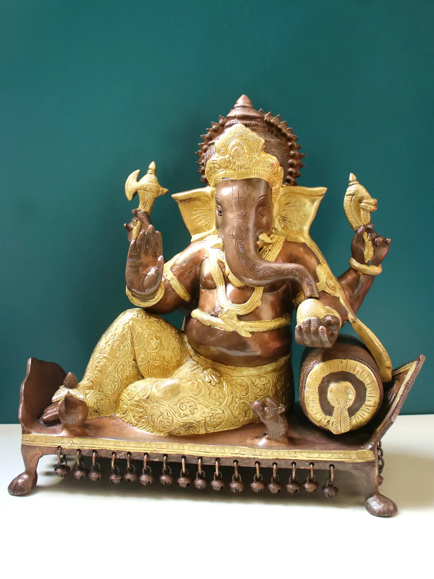 Brassaura™ Reclining Lord Ganesha on Chowki | Pure Brass Seated Idol | Height 16 Inches