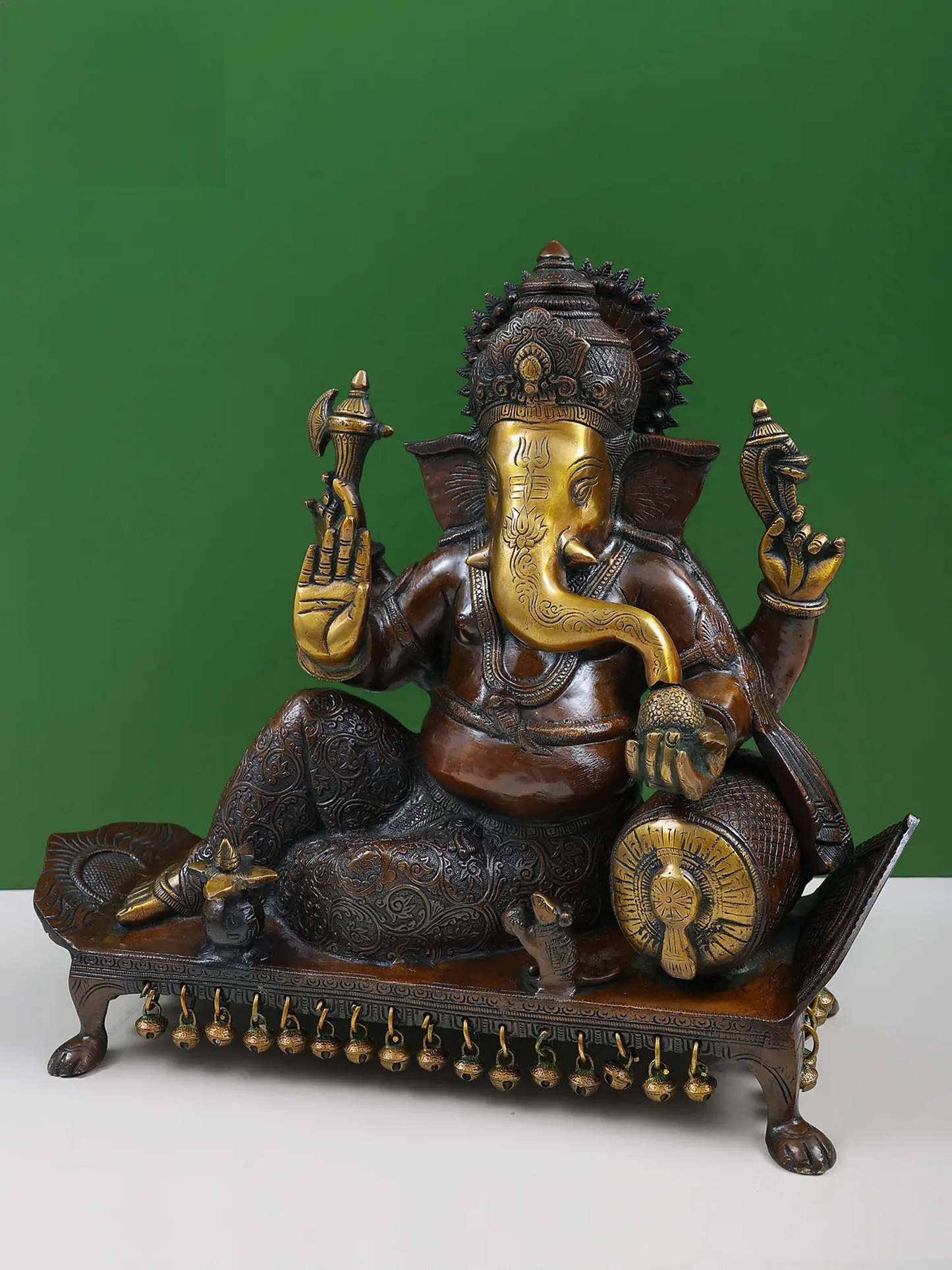 Brassaura™ Reclining Lord Ganesha on Chowki | Pure Brass Seated Idol | Height 16 Inches