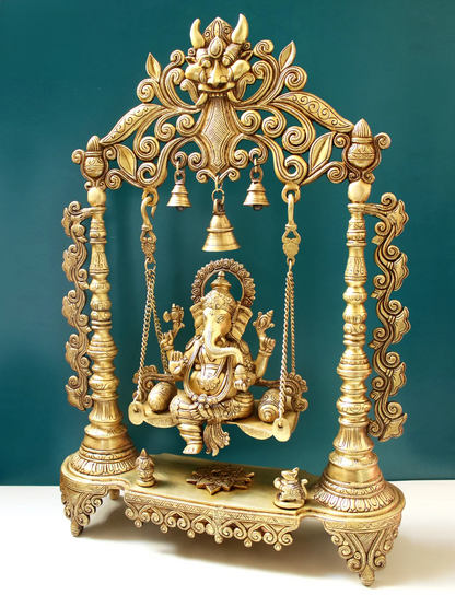 Brassaura™ Kirtimukha Lord Ganesha on Swing with Bells | Pure Brass Idol | Height 26 Inches & Weight 16.60 Kgs