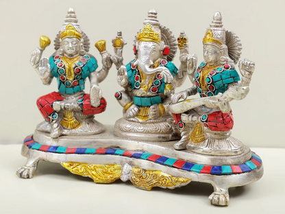 Brassaura™ Brass Laxmi Ganesh Saraswati Idol Set with Inlay Work for Diwali & Pooja Decor | 6 Inches | 3.10 kgs