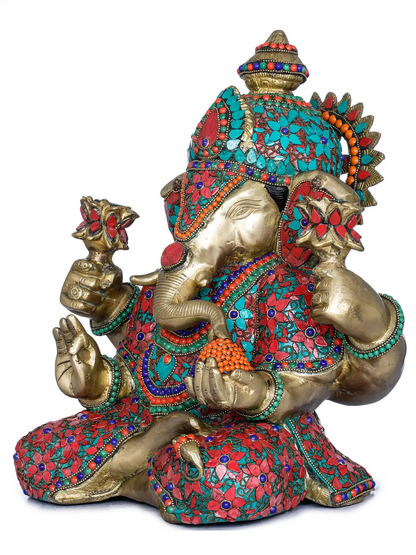 Brassaura® Lord Ganesha Holding Lotus Flowers in Hands | Brass with Meenakari Inlay Work | Height 13.8 Inches & Weight 14.40 kgs