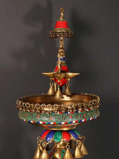 Brassaura® Peacock Brass Urli Stand with Inlay Work & Hanging Bells | Pure Brass | Height 41.5 Inches & Weight 21.70 kgs