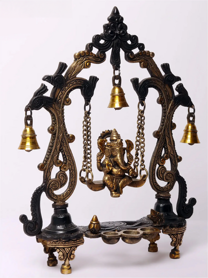 Brassaura™ Brass Lord Ganesha on Kirtimukha Swing with Dangling Bells | Height 14 Inches & Weight 2.82 kgs