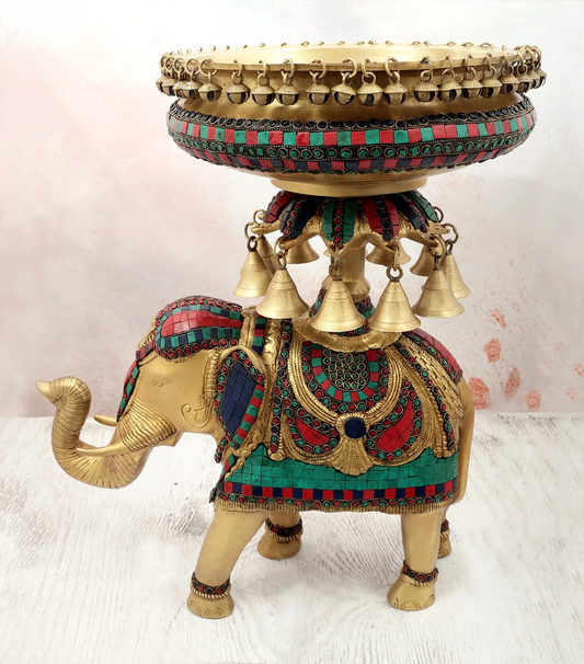 Brassaura® Royal Elephant Brass Urli with Multicolor Inlay Work & Hanging Bells | Pure Brass | Height 20 Inches & Weight 17 kgs