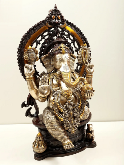 Brassaura® Blessing Ganesha with Kirtimukha Aureole | Brass Statue | Height 26 Inches | Weight 30 kgs