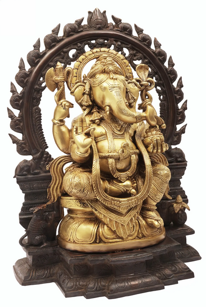 Brassaura™ Brass Sitting Lord Ganesha with Temple Arch | Height 18 Inches & Weight 16.95 kgs