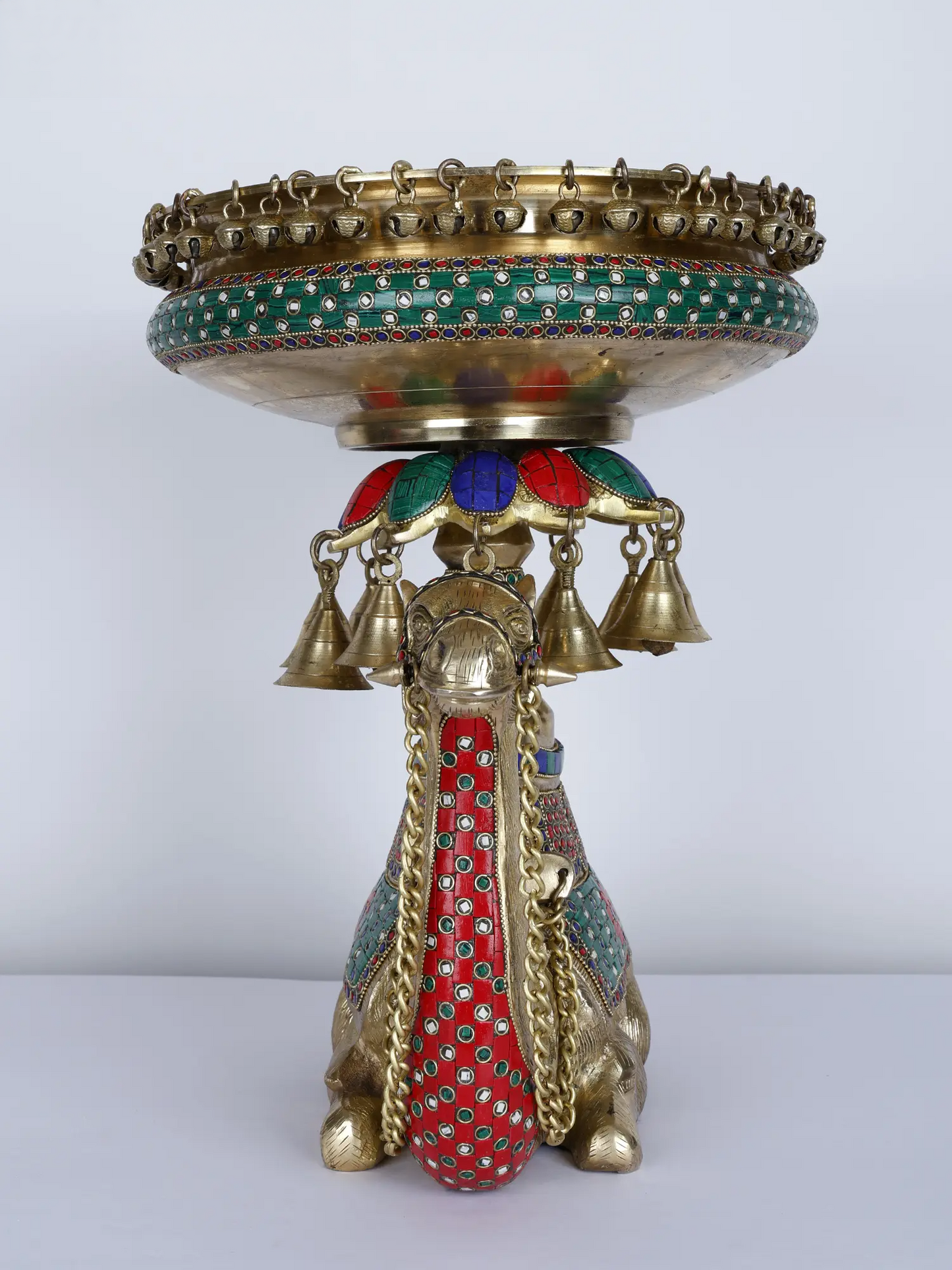Brassaura® Royal Camel Brass Urli with Multicolor Inlay Work & Hanging Bells | Pure Brass | Height 16 Inches & Weight 15.75 kgs