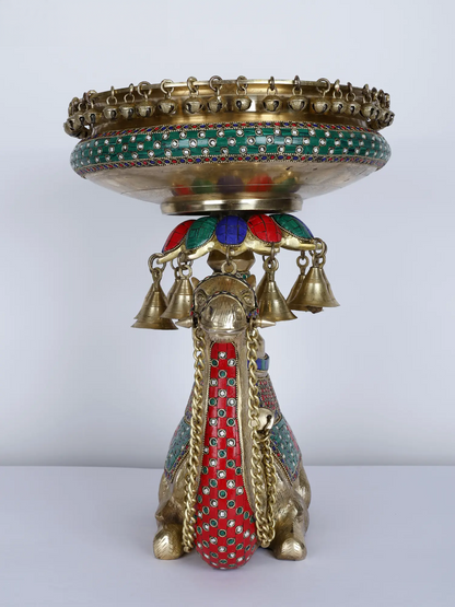 Brassaura® Royal Camel Brass Urli with Multicolor Inlay Work & Hanging Bells | Pure Brass | Height 16 Inches & Weight 15.75 kgs