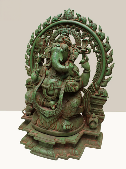 Brassaura™ Brass Sitting Lord Ganesha with Temple Arch | Height 18 Inches & Weight 16.95 kgs