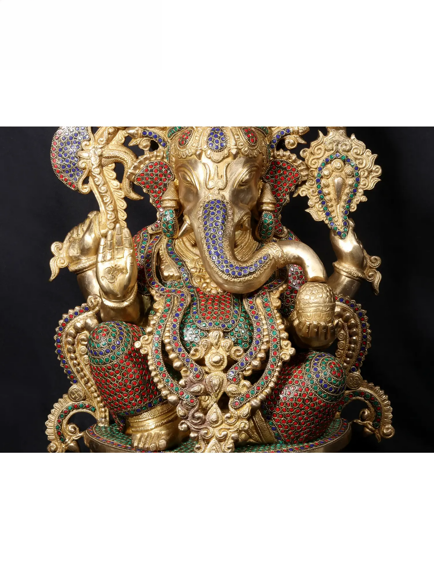 Brassaura™ Seated Lord Ganesha on Ornate Throne | Pure Brass with Meenakari Stonework | Height 24 Inches & Weight 33.38 Kgs